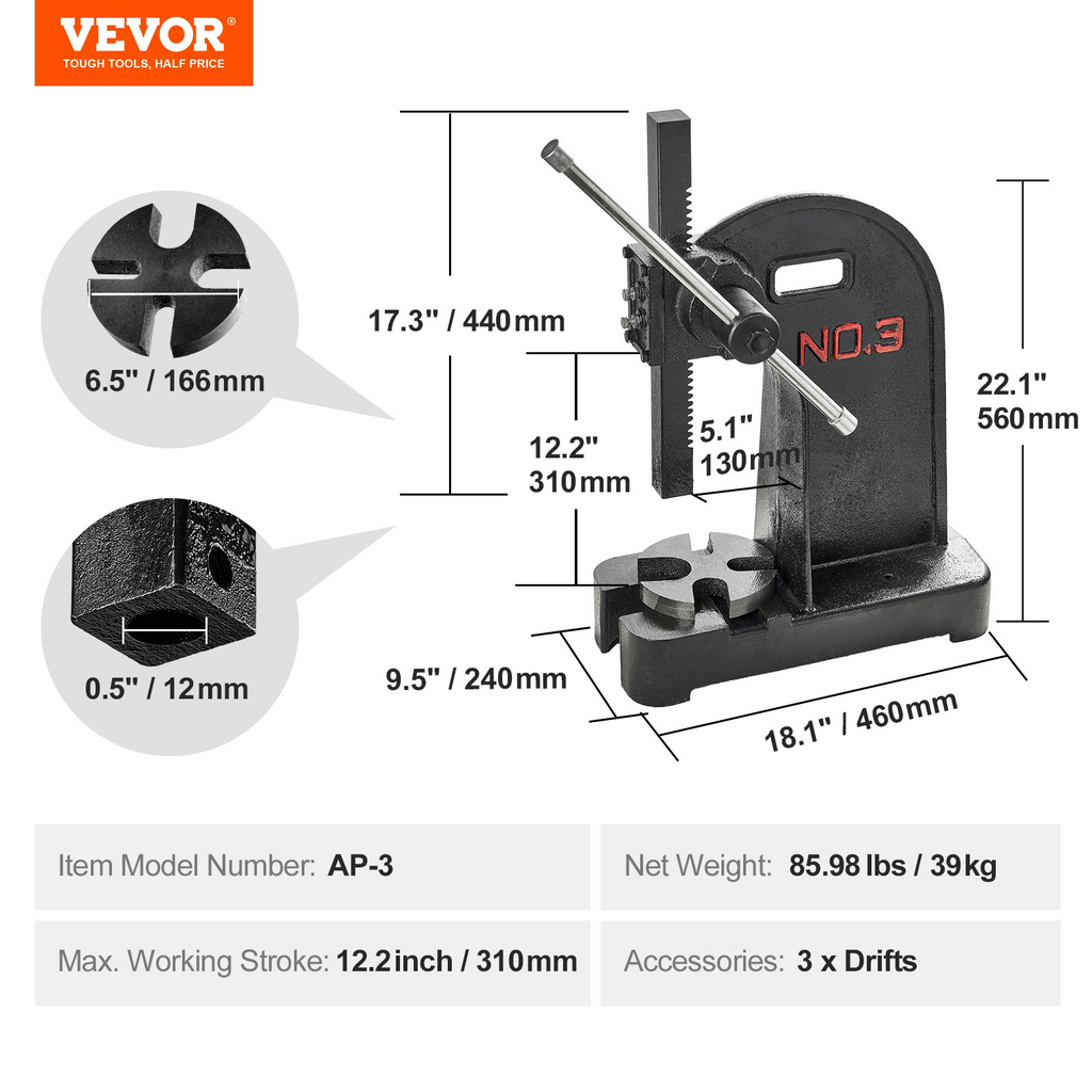 Prensa de husillo VEVOR manual de 3 toneladas altura máxima de 12,2"