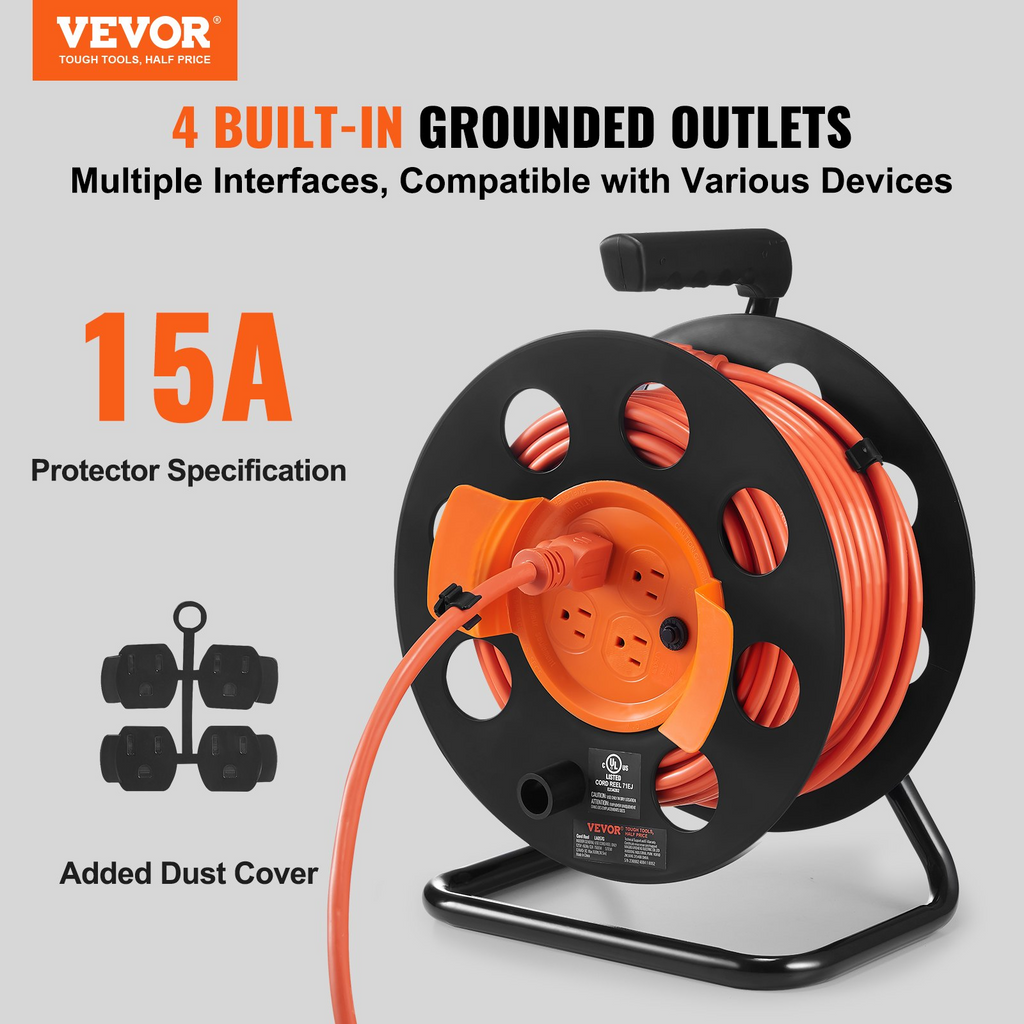 VEVOR - Carrete de cable de extensión de 100 pies con 4 tomas de corriente y cubierta antipolvo cable de alimentación SJTOW de 12 AWG