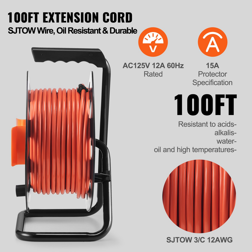 VEVOR - Carrete de cable de extensión de 100 pies con 4 tomas de corriente y cubierta antipolvo cable de alimentación SJTOW de 12 AWG
