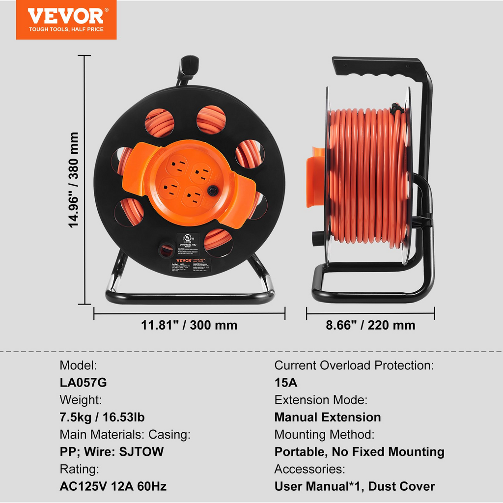 VEVOR - Carrete de cable de extensión de 100 pies con 4 tomas de corriente y cubierta antipolvo cable de alimentación SJTOW de 12 AWG