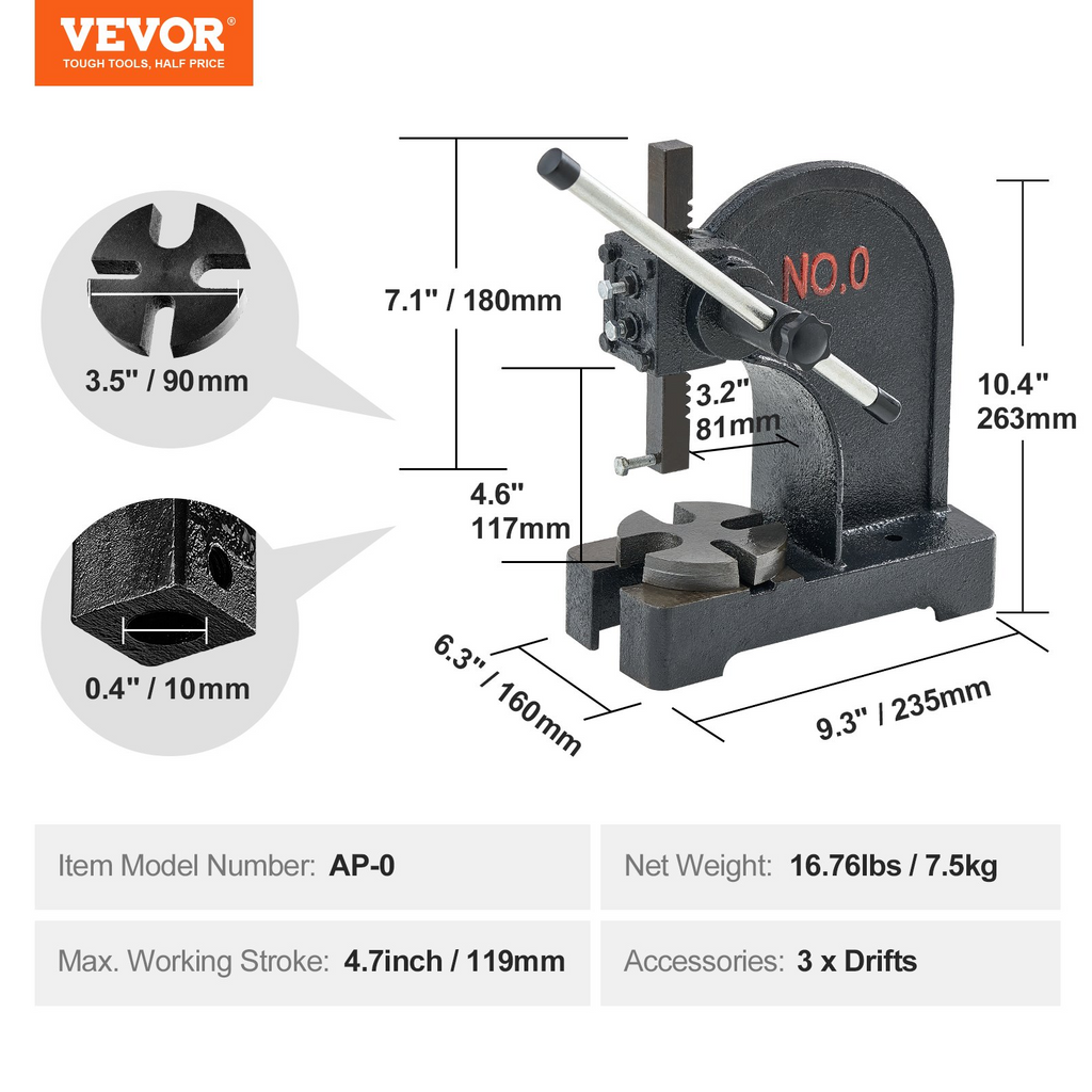 Prensa de husillo VEVOR manual de 0,5 toneladas altura máxima de 4,6"