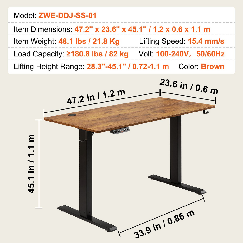 Escritorio de altura ajustable VEVOR, 1,2 m x 0,6 m, escritorio eléctrico de pie con 3 modos de teclas, tablero de escritorio de una sola pieza.