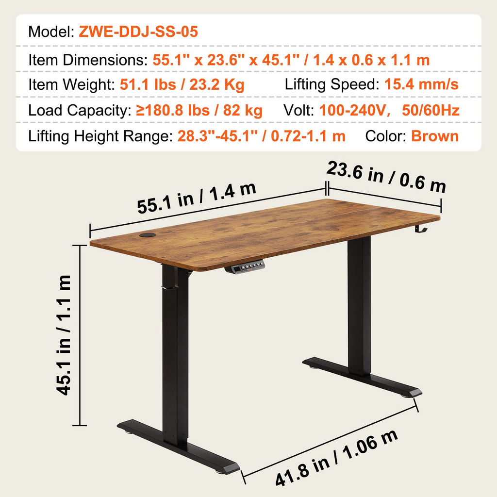 Escritorio de altura ajustable VEVOR, 1,4 m x 0,6 m, escritorio eléctrico de pie con 3 modos de teclas, tablero de escritorio de una sola pieza, marco de metal doble resistente