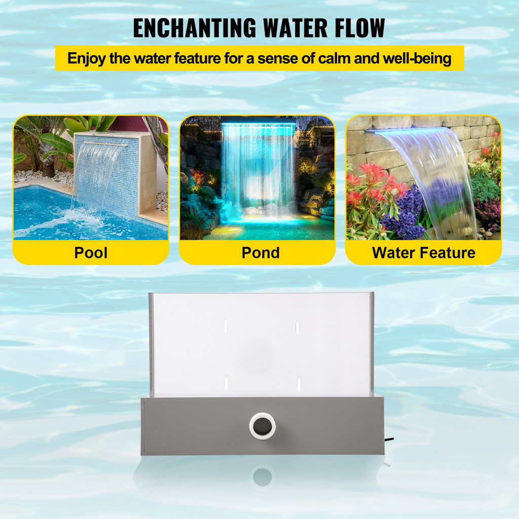 Fuente de piscina con canalón de 11,8 x 3,2 x 8,1 pulgadas con luz LED de tira azul