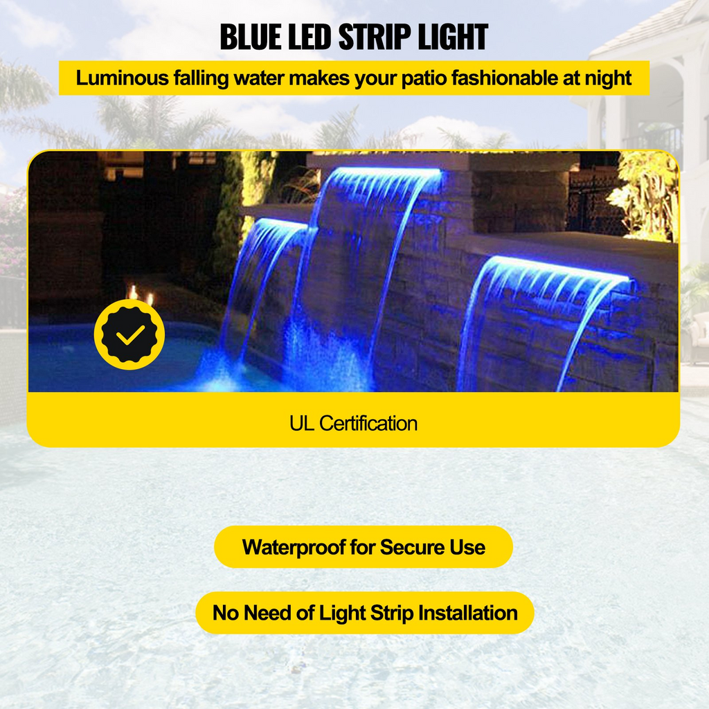 Fuente de piscina con canalón de 11,8 x 3,2 x 8,1 pulgadas con luz LED de tira azul