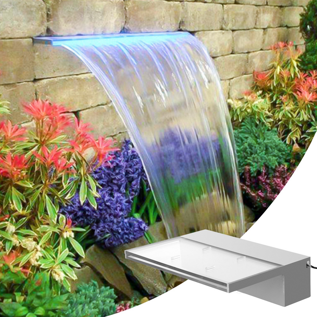 Fuente de piscina con canalón de 11,8 x 3,2 x 8,1 pulgadas con luz LED de tira azul