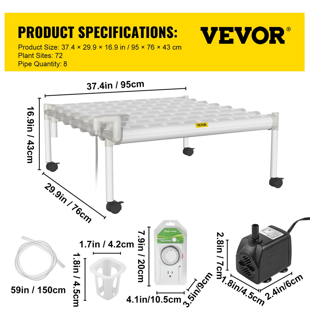 Sistema de cultivo hidropónico VEVOR 72 sitios 8 tubos de PVC-U de grado alimenticio