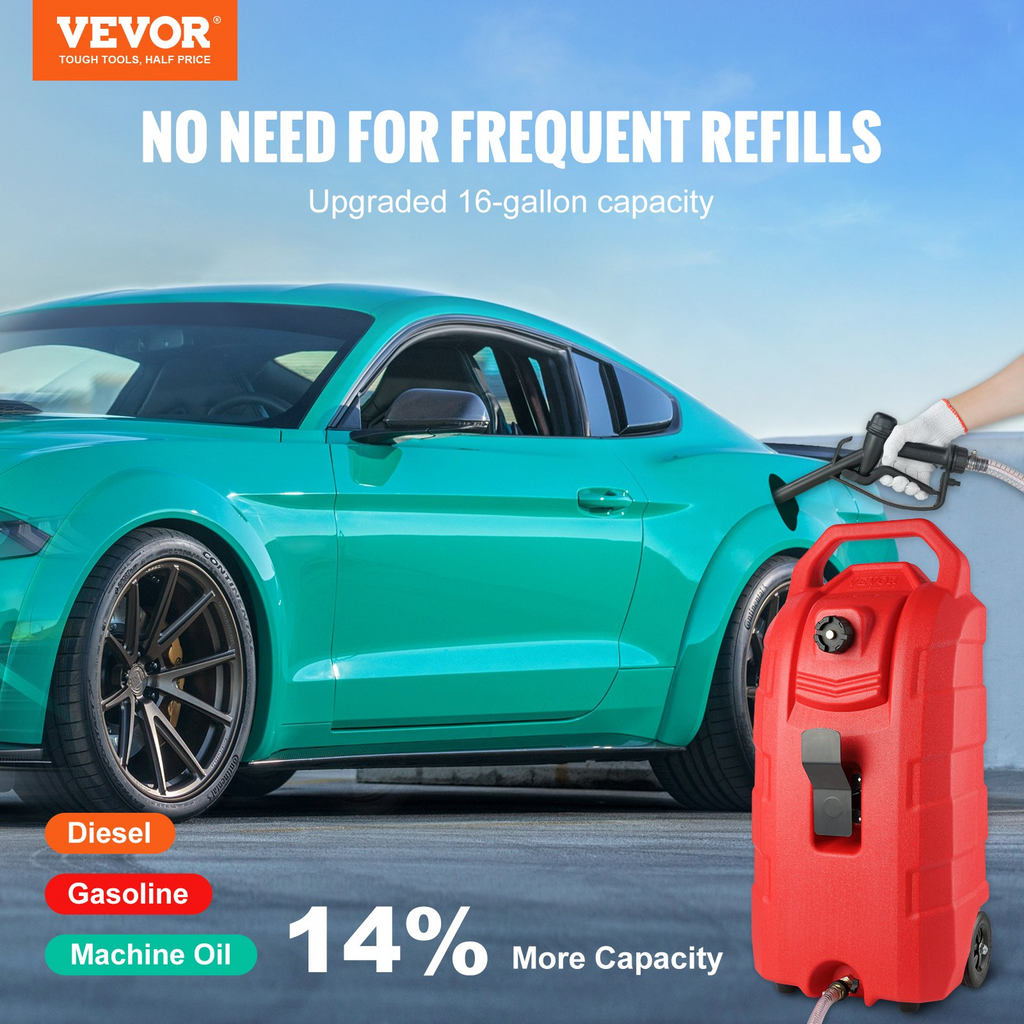 VEVOR Contenedor de combustible portátil de 16 galones, 7,8 l/min, con boquilla y ruedas de goma, tanque de almacenamiento de combustible para gasolina, diésel JH2