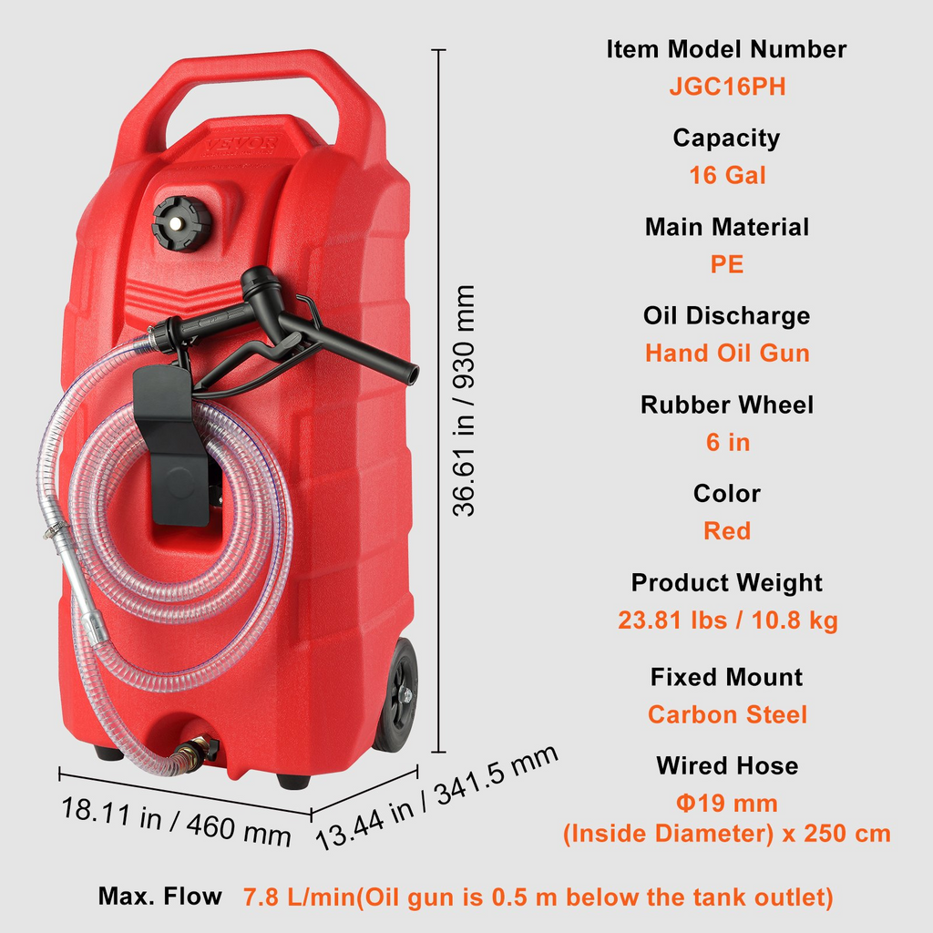 VEVOR Contenedor de combustible portátil de 16 galones, 7,8 l/min, con boquilla y ruedas de goma, tanque de almacenamiento de combustible para gasolina, diésel JH2