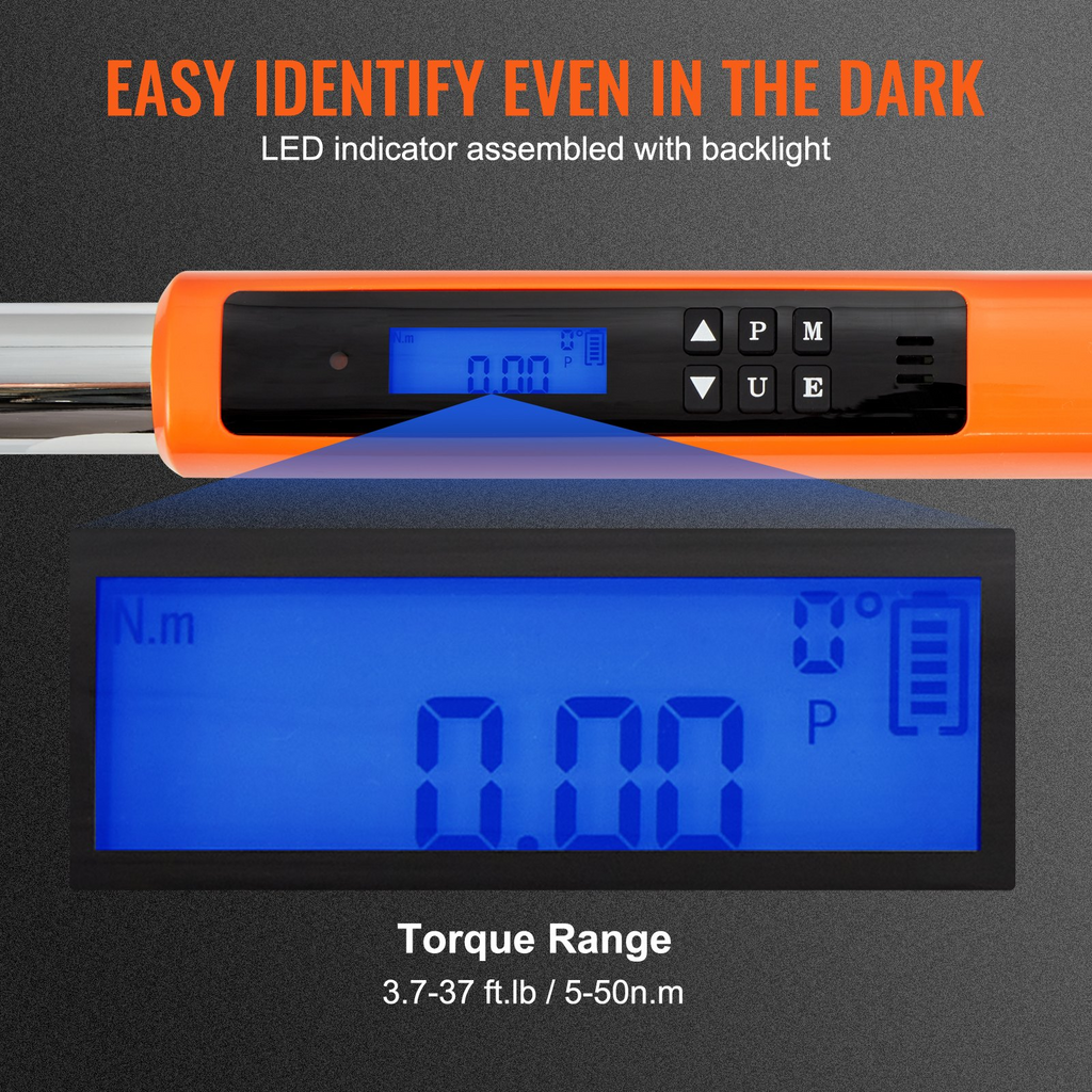 Llave dinamométrica digital VEVOR electrónica con accionamiento de 3/8" de 3,7 a 37 ft.lb/5 a 50 n.m rango de torsión con precisión de ±2 % ajustable de 3 modos con calibración de zumbador LED