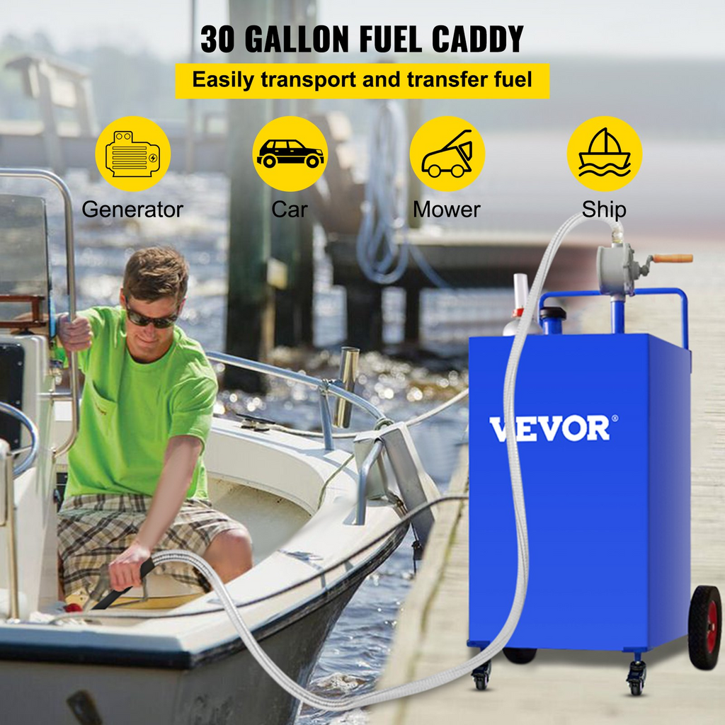 VEVOR - Contenedor de combustible de 30 galones, tanque de almacenamiento de gasolina y 4 ruedas, con bomba de transferencia manual, contenedor de combustible diésel y gasolina para automóviles JH2