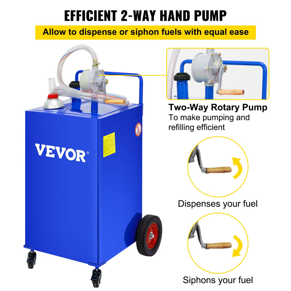 VEVOR - Contenedor de combustible de 30 galones, tanque de almacenamiento de gasolina y 4 ruedas, con bomba de transferencia manual, contenedor de combustible diésel y gasolina para automóviles JH2