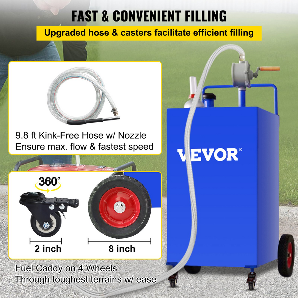 VEVOR - Contenedor de combustible de 30 galones, tanque de almacenamiento de gasolina y 4 ruedas, con bomba de transferencia manual, contenedor de combustible diésel y gasolina para automóviles JH2