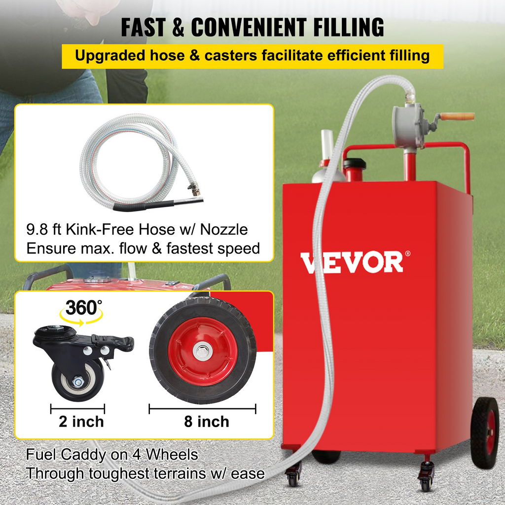 VEVOR - Contenedor de combustible de 30 galones, tanque de almacenamiento de gasolina y 4 ruedas, con bomba de transferencia manual, contenedor de combustible diésel y gasolina para automóviles JH2