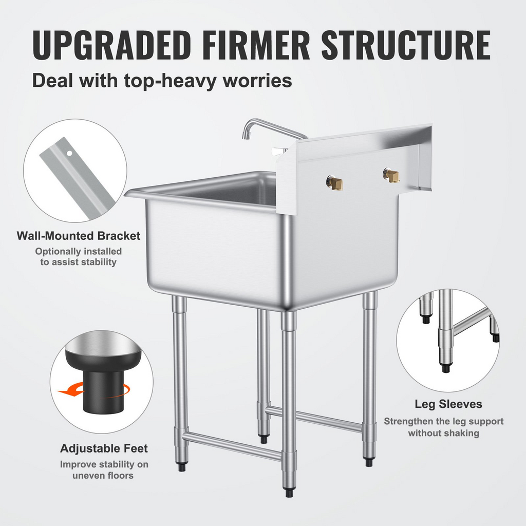 Fregadero de acero inoxidable VEVOR 1 compartimento un solo tazón de 27" x 41"