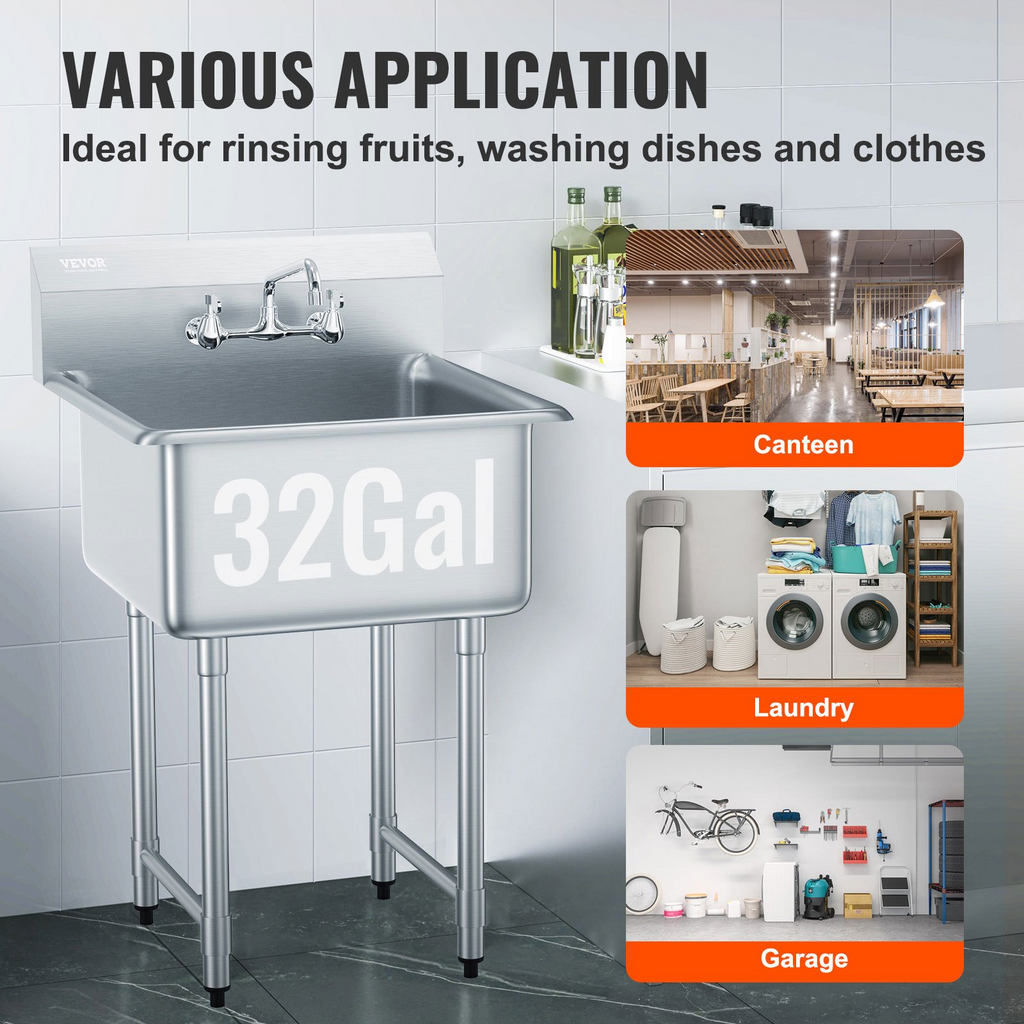 Fregadero de acero inoxidable VEVOR 1 compartimento un solo tazón de 27" x 41"