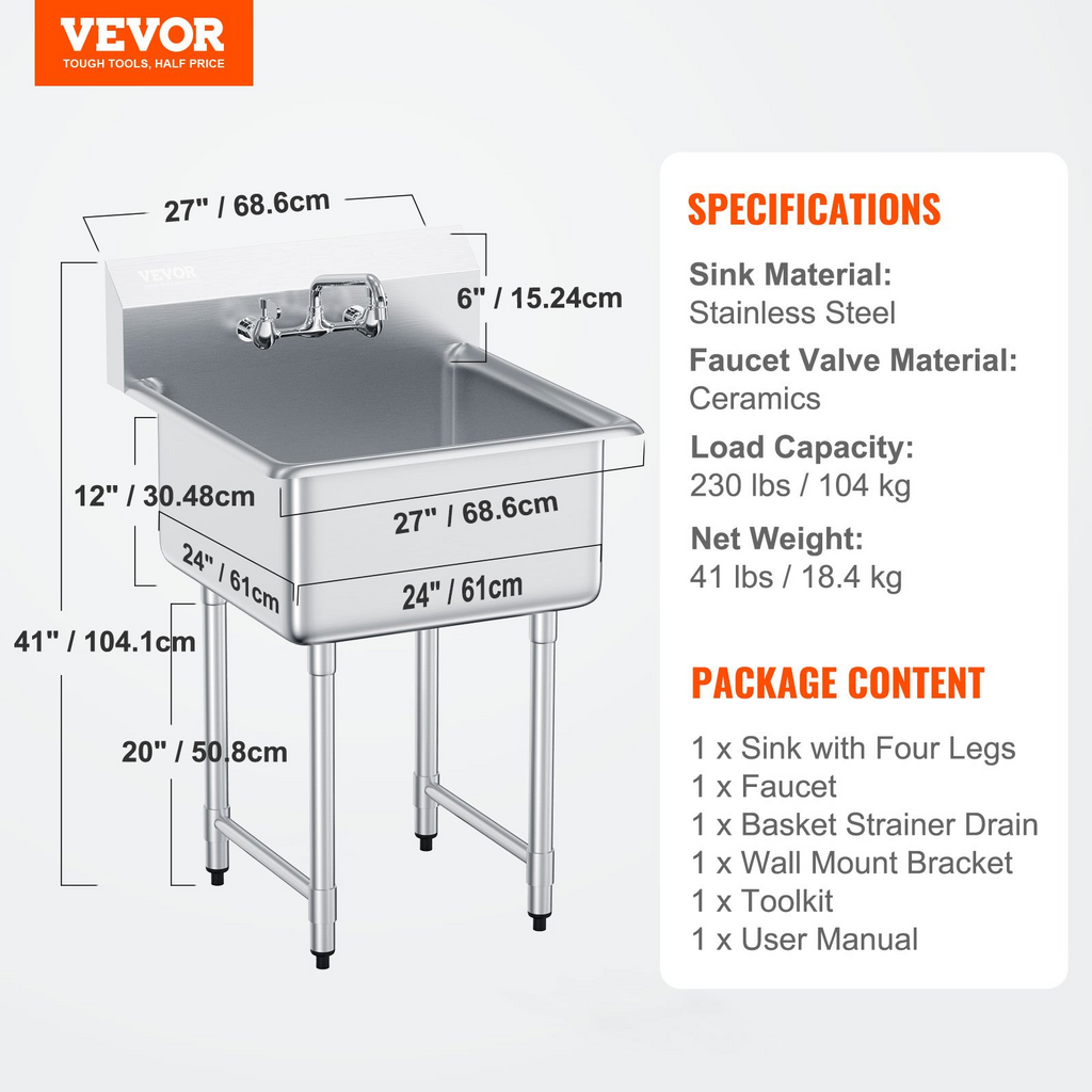 Fregadero de acero inoxidable VEVOR 1 compartimento un solo tazón de 27" x 41"