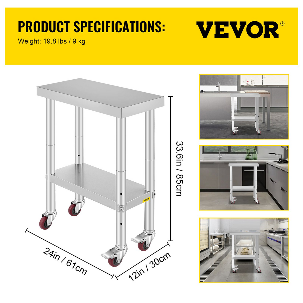 Mesa de trabajo de acero inoxidable VEVOR con ruedas de 24 x 12 x 32 pulgadas con 4 ruedas