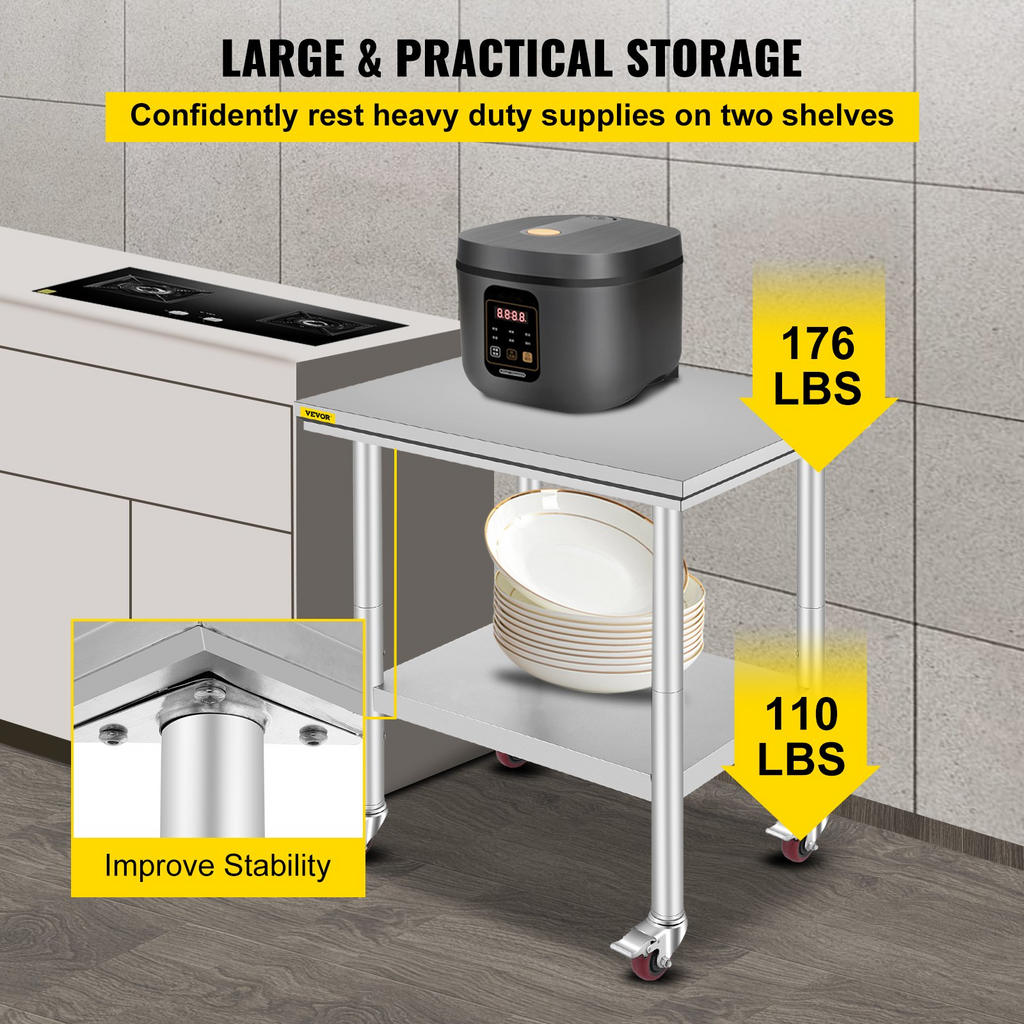 Mesa de trabajo de acero inoxidable VEVOR con ruedas de 24 x 30 pulgadas  (24 x 30 x 33,8 pulgadas)