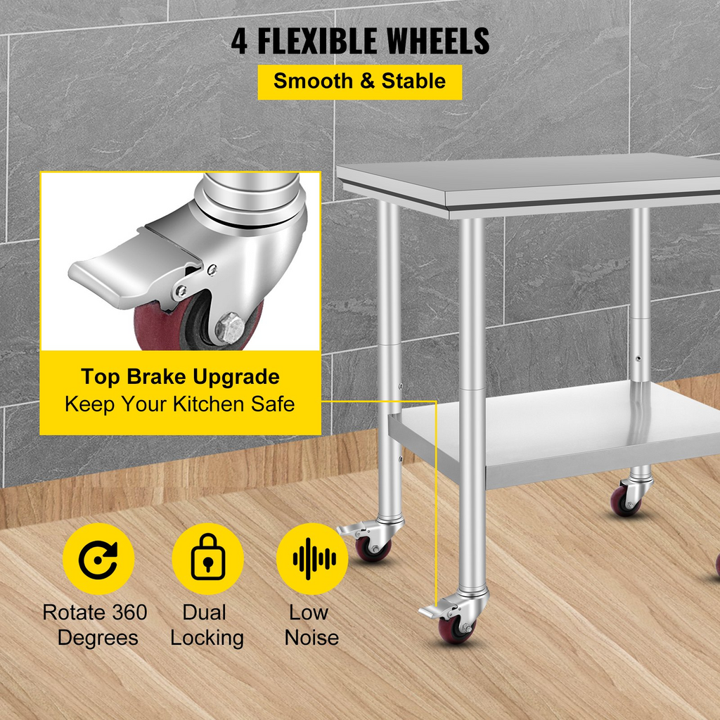 Mesa de trabajo de acero inoxidable VEVOR con ruedas de 24 x 30 pulgadas  (24 x 30 x 33,8 pulgadas)
