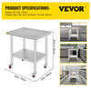 Mesa de trabajo de acero inoxidable VEVOR con ruedas de 24 x 30 pulgadas  (24 x 30 x 33,8 pulgadas)