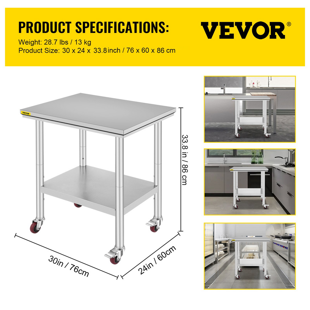 Mesa de trabajo de acero inoxidable VEVOR con ruedas de 24 x 30 pulgadas  (24 x 30 x 33,8 pulgadas)