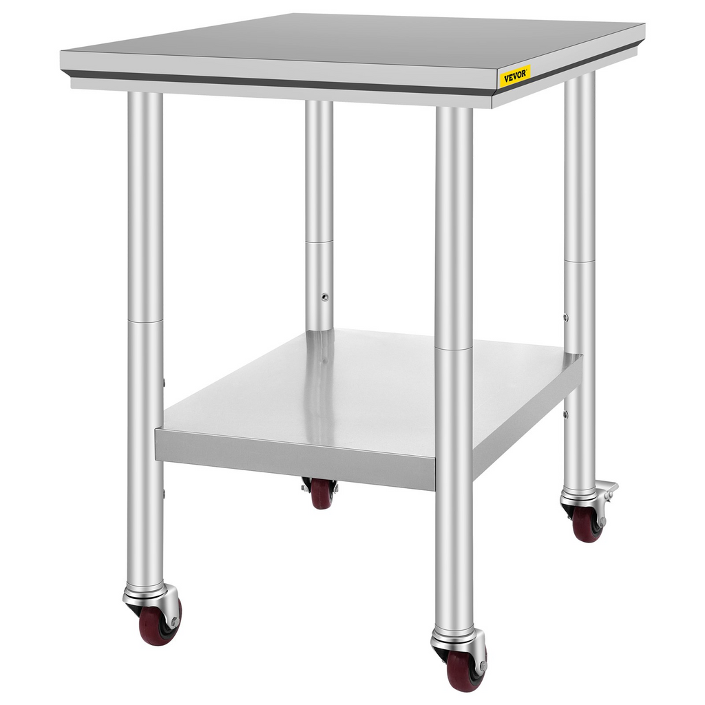 Mesa de trabajo de acero inoxidable VEVOR con ruedas de 24 x 30 pulgadas  (24 x 30 x 33,8 pulgadas)