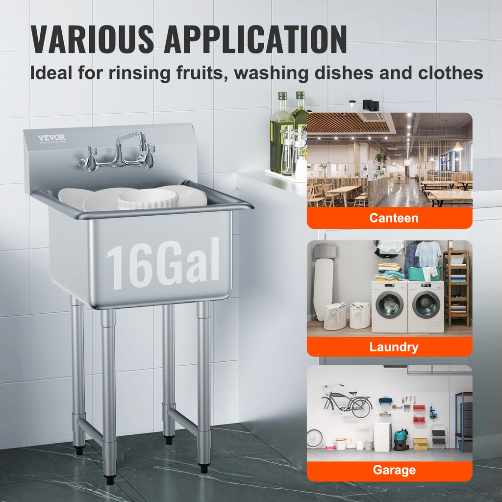 Fregadero de acero inoxidable VEVOR para uso general y preparación de 1 compartimento de un solo tazón de 21" x 41"