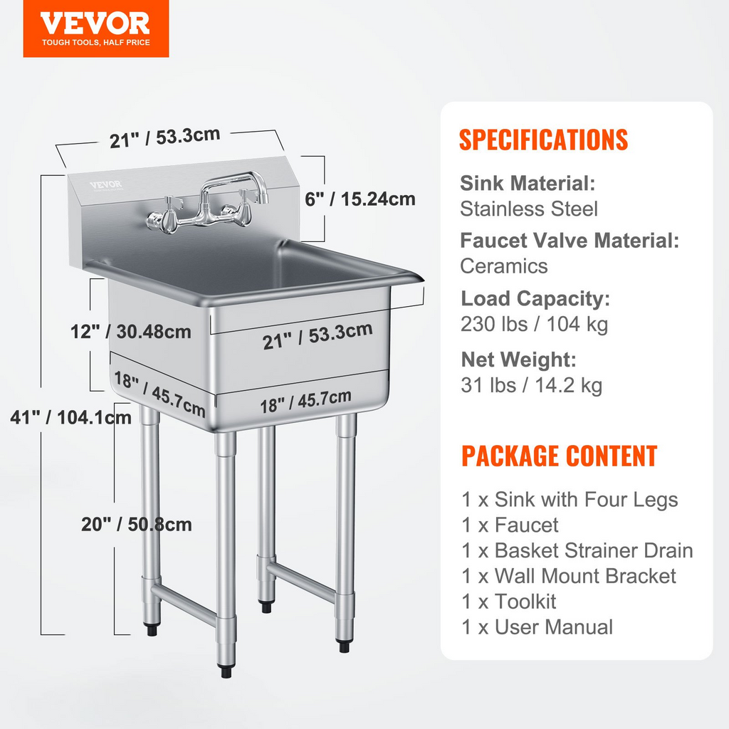 Fregadero de acero inoxidable VEVOR para uso general y preparación de 1 compartimento de un solo tazón de 21" x 41"