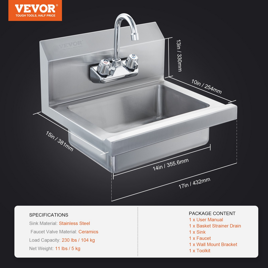 Fregadero comercial VEVOR con grifo  17 x 12,8 pulgadas