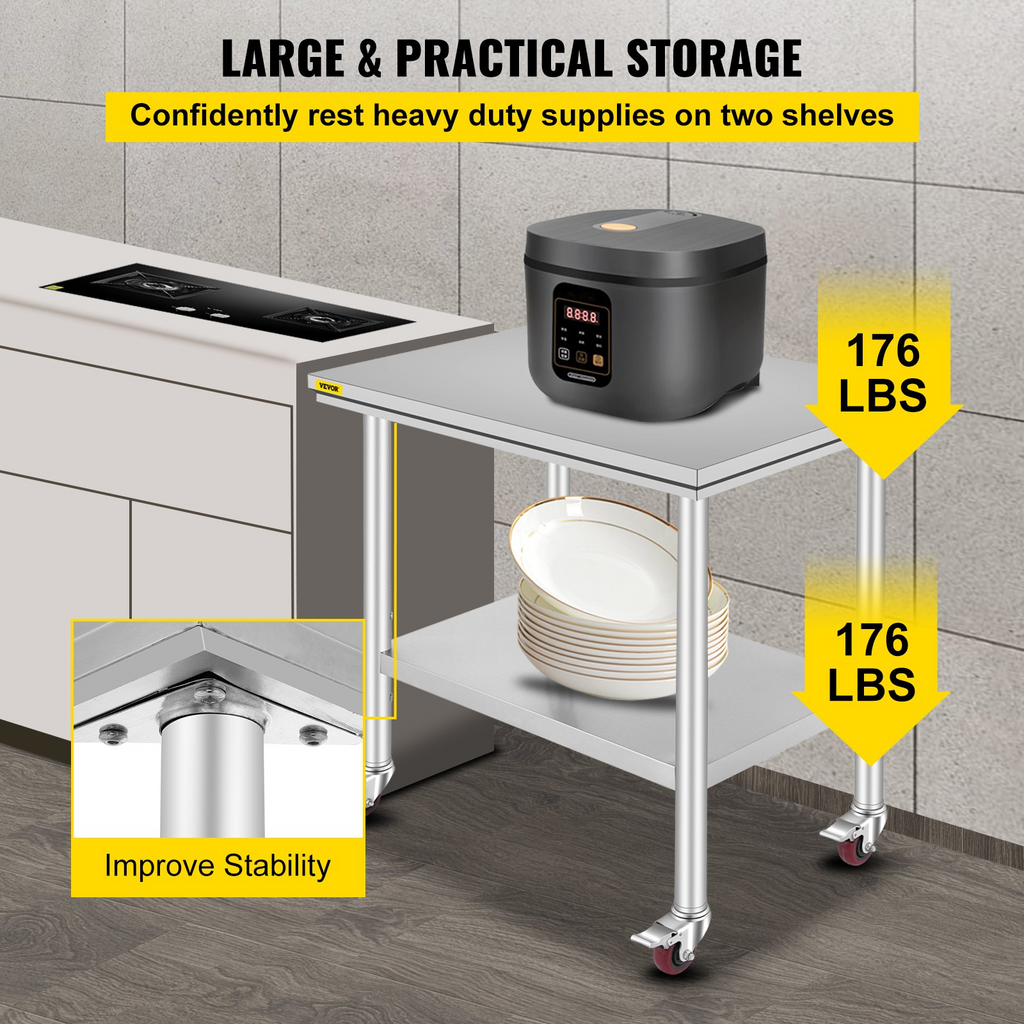 Mesa de trabajo de acero inoxidable VEVOR de 36 x 24 pulgadas con 4 ruedas