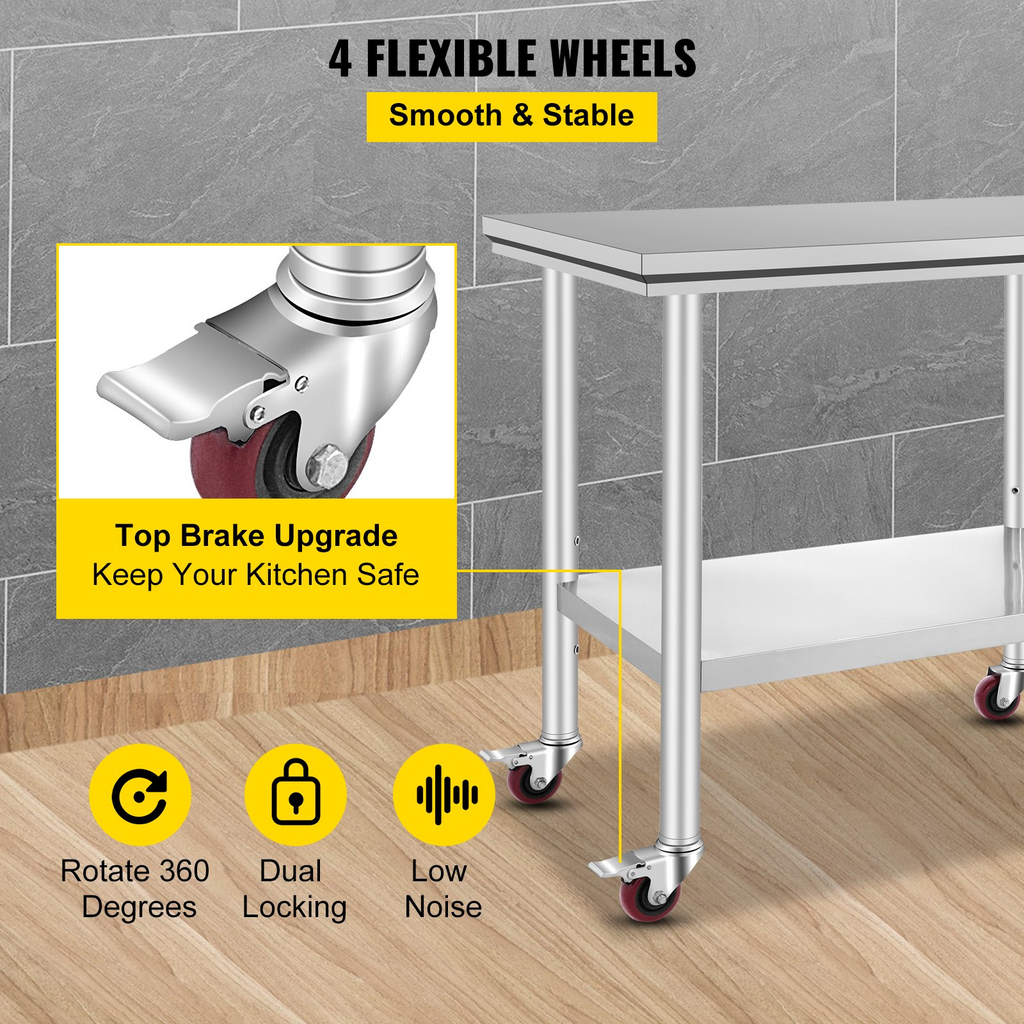 Mesa de trabajo de acero inoxidable VEVOR de 36 x 24 pulgadas con 4 ruedas
