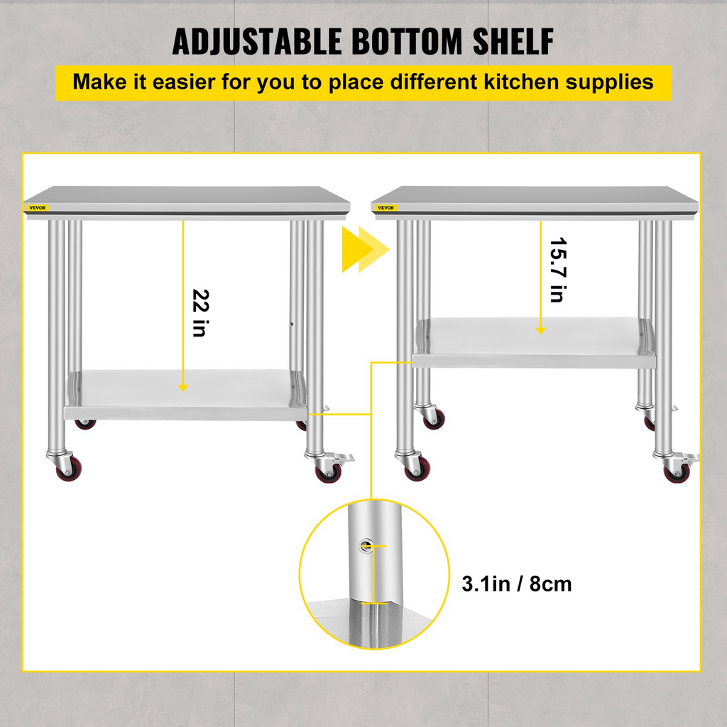 Mesa de trabajo de acero inoxidable VEVOR de 36 x 24 pulgadas con 4 ruedas