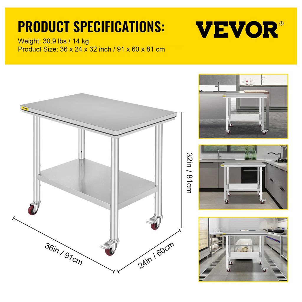 Mesa de trabajo de acero inoxidable VEVOR de 36 x 24 pulgadas con 4 ruedas