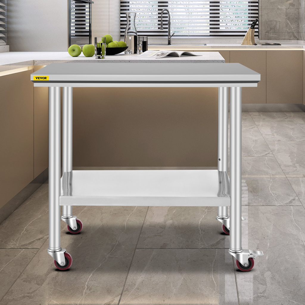 Mesa de trabajo de acero inoxidable VEVOR de 36 x 24 pulgadas con 4 ruedas