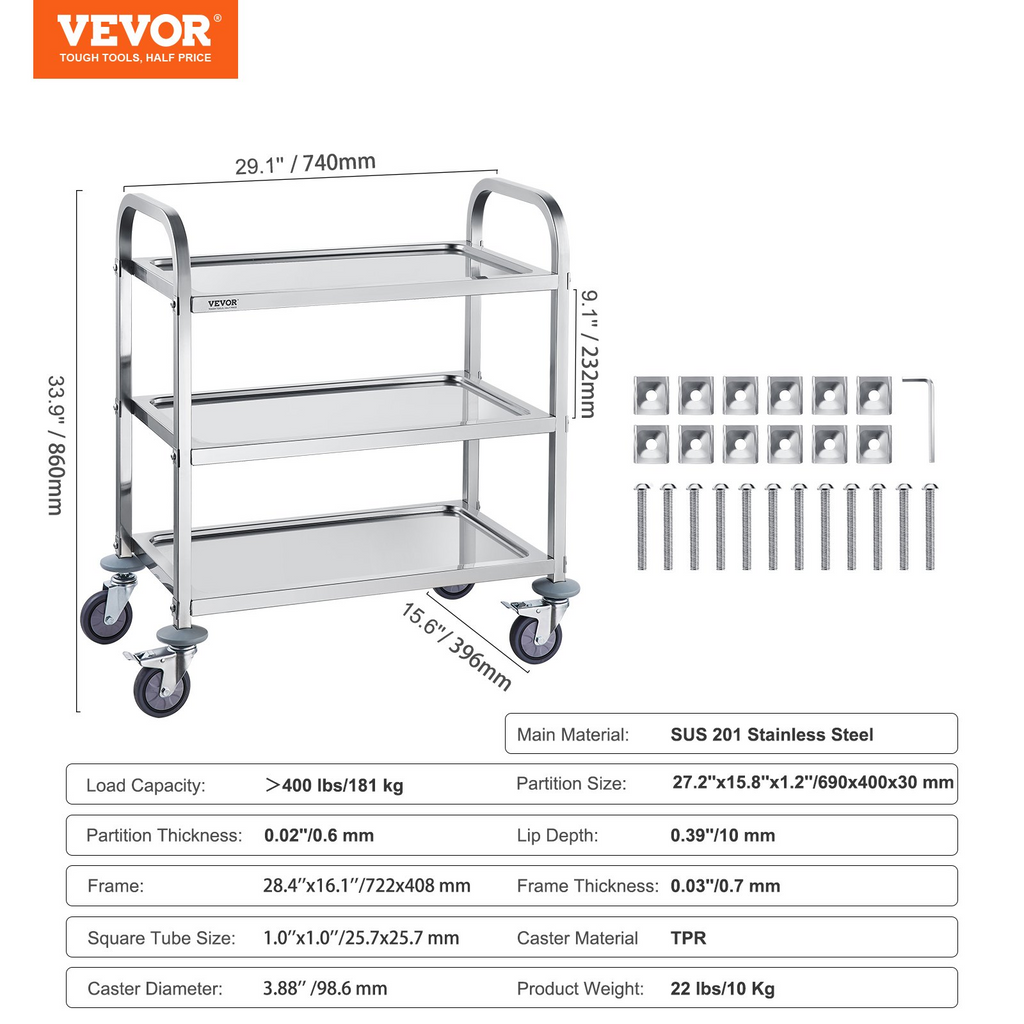 VEVOR carro de acero inoxidable 3 capas 400 lb ruedas universales bloqueables para laboratorio clínica cocina salón