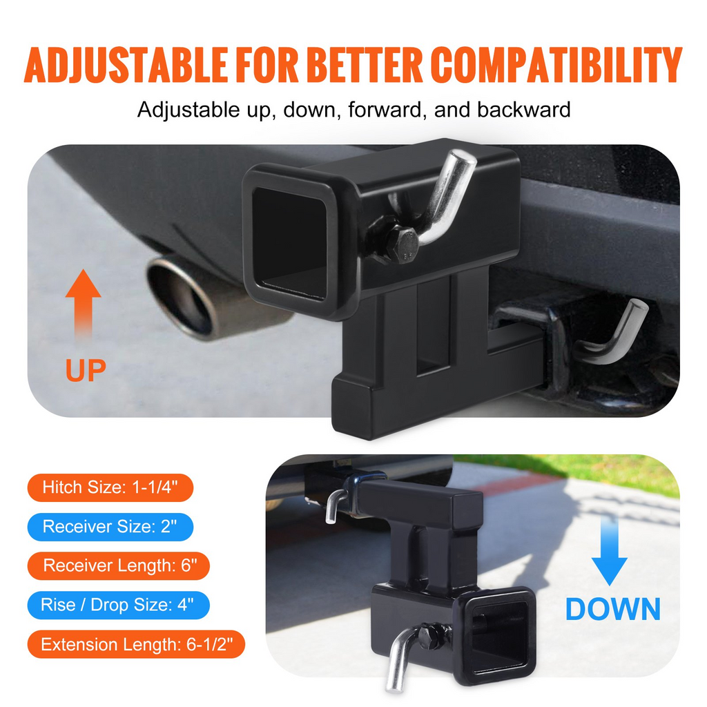 Adaptador de enganche VEVOR de receptor de 1-1/4" a 2" elevador de enganche de remolque con elevación/caída de 4" longitud de extensión de 6-1/2" capacidad de remolque de 4000 lb