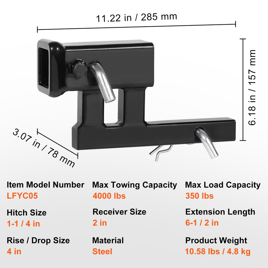 Adaptador de enganche VEVOR de receptor de 1-1/4" a 2" elevador de enganche de remolque con elevación/caída de 4" longitud de extensión de 6-1/2" capacidad de remolque de 4000 lb
