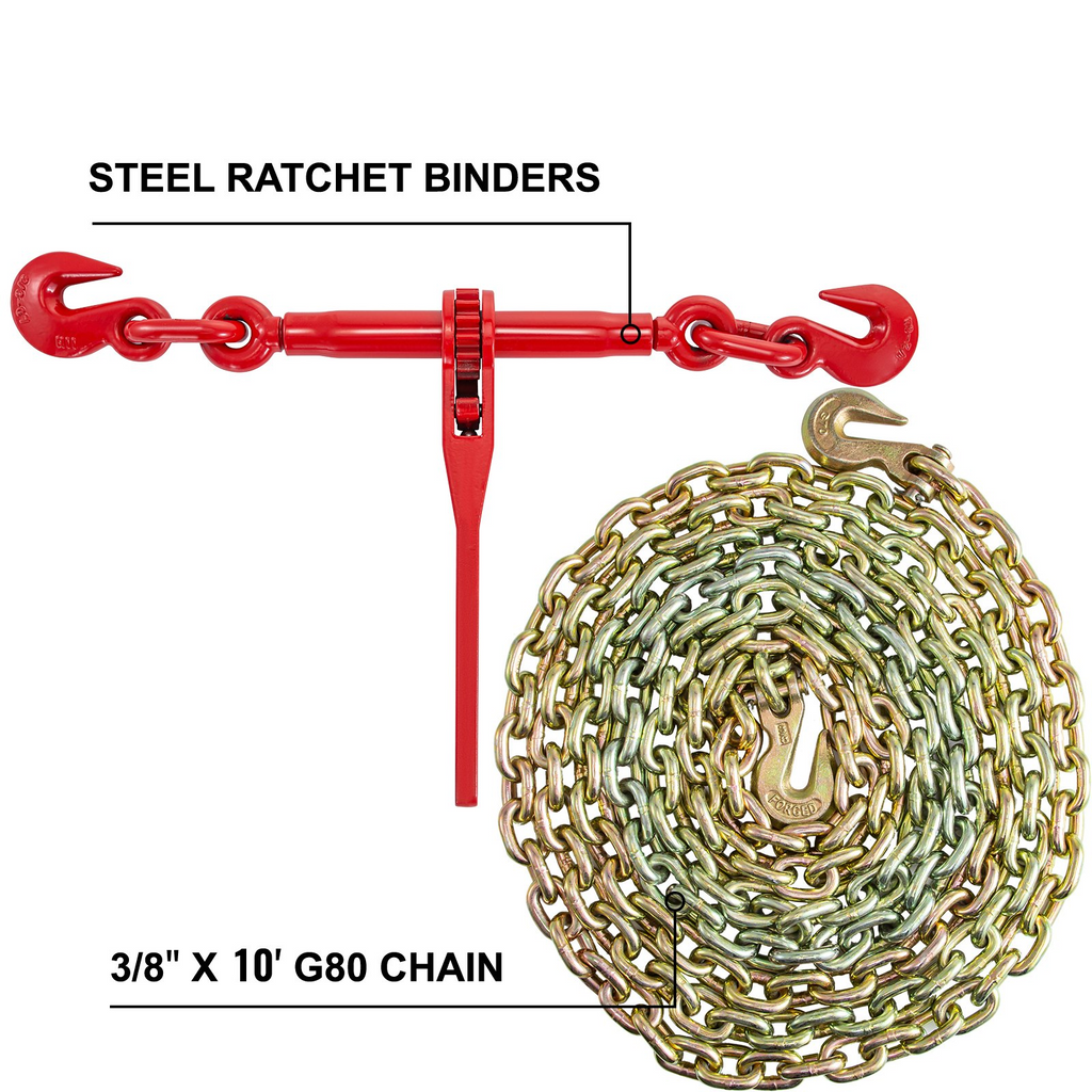 Kit de tensor de cadena y amarre VEVOR de 3/8 a 1/2 pulgada tensores de carga con trinquete de 9215 libras cadenas de 3/8 pulgadas x 10 pies con ganchos G70
