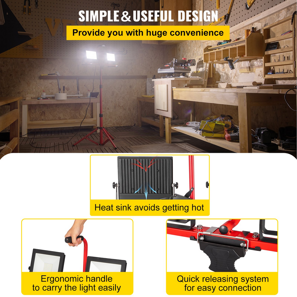 Luz de trabajo LED VEVOR con soporte luz de trabajo LED de doble cabezal de 5000 lúmenes con soporte de trípode ajustable y plegable de 27,6" a 68,1"