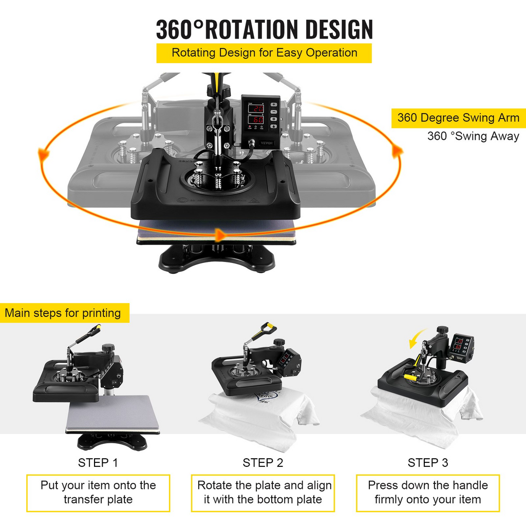 Máquina de prensado en caliente VEVOR  8 en 1 de 12 x 15 pulgadas con rotación de 360 °