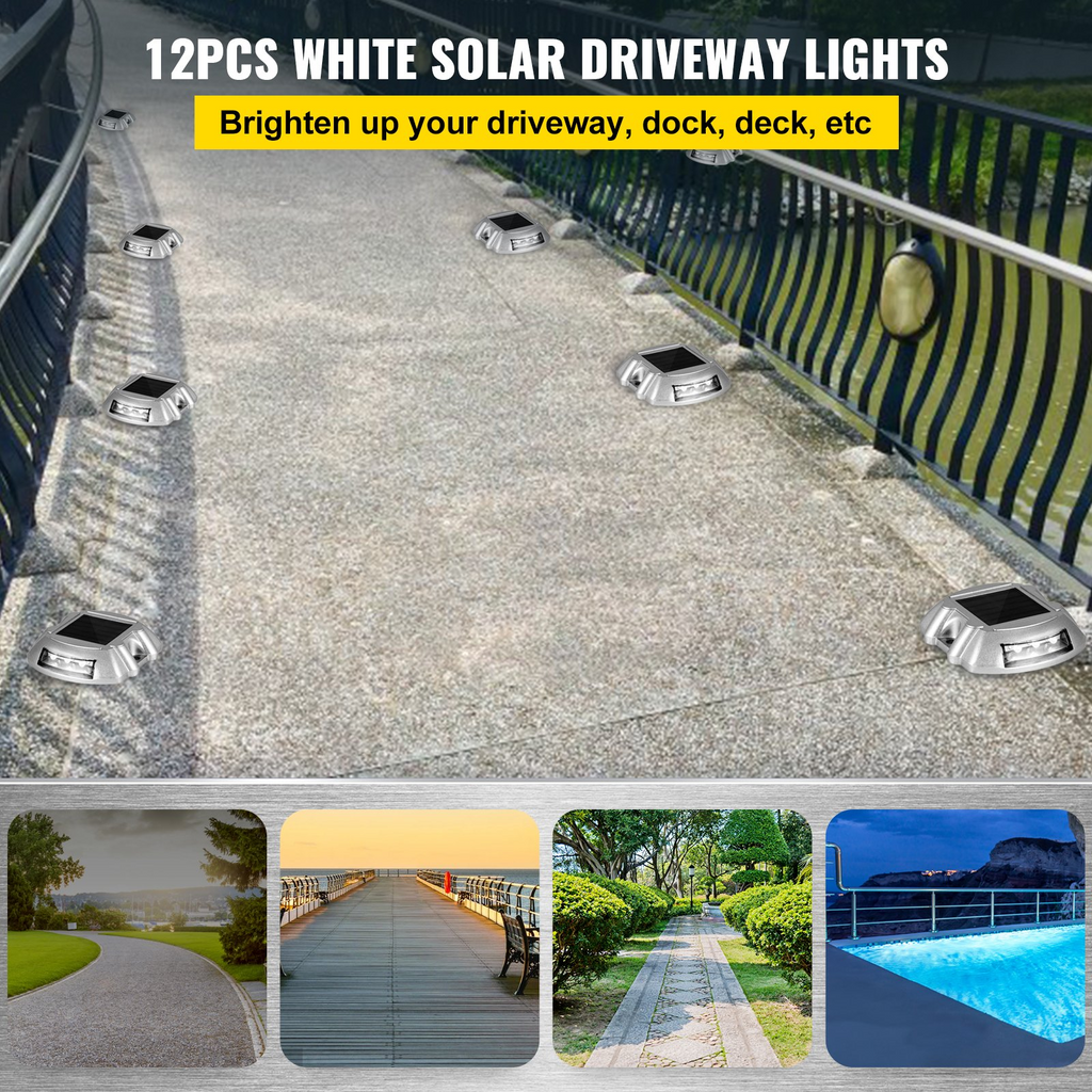 Paquete de 12 luces solares para entrada vehículos color blanco brillante con tornillo inalámbricas impermeables para exteriores 6 LED