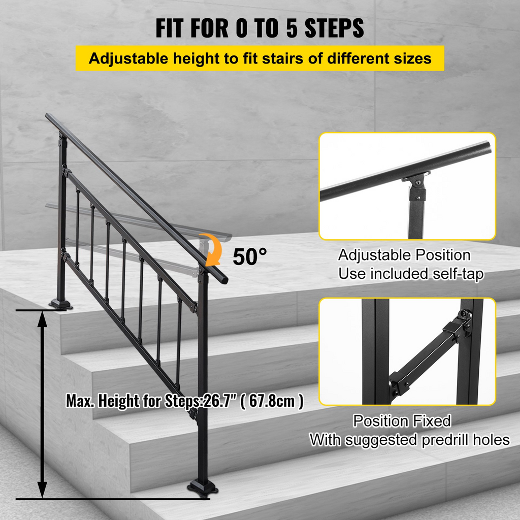 VEVOR Pasamanos de escalera para exteriores aptos para 1-5 escalones ajustable con valla