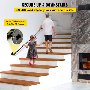 VEVOR Pipe Stair Handrail, 6FT Staircase Handrail, 440LBS Load Capacity Carbon Steel Pipe Handrail, Industrial Pipe Handrail with Wall Mount Support, Round Corner Wall Handrailings for Indoor, Outdoor