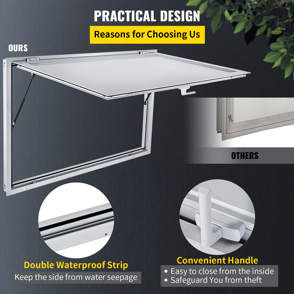 Ventana para puesto de comida de 53 x 33 pulgadas puerta con ventana para puesto de comida con cerradura de horquilla de doble punto de hasta 85 grados para camiones de comida