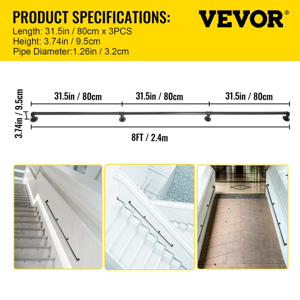 Pasamanos de escalera de tubo VEVOR de escalera de 8 pies con capacidad de carga de 440 libras