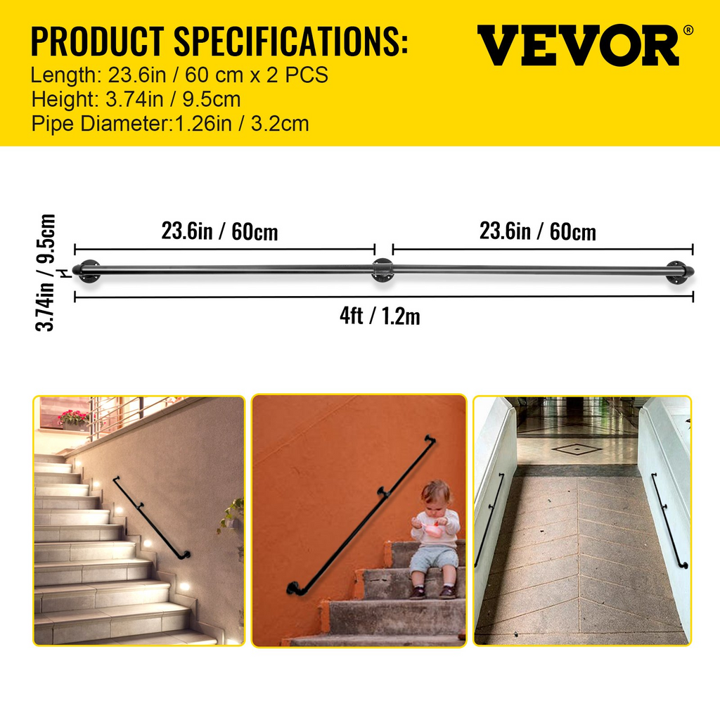 Pasamanos de escalera de tubo VEVOR de 4 pies pasamanos de tubo de acero al carbono con capacidad de carga de 440 libras