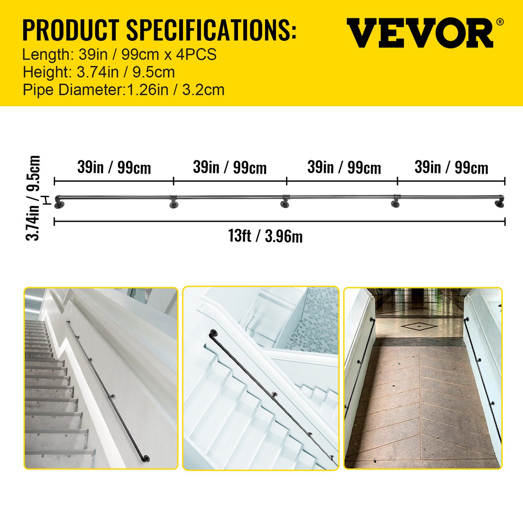 Pasamanos de escalera de tubo VEVOR de 13 pies con capacidad de carga de 440 libras