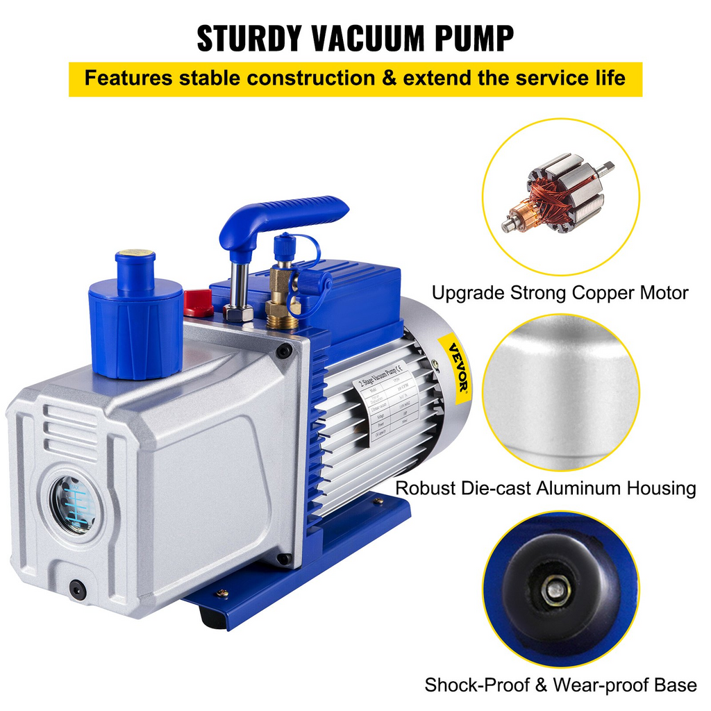 Bomba de vacío VEVOR 12 CFM 1HP de paletas 2 etapas 3 x 10-1 Pa  para refrigerante de aire acondicionado automático JH2