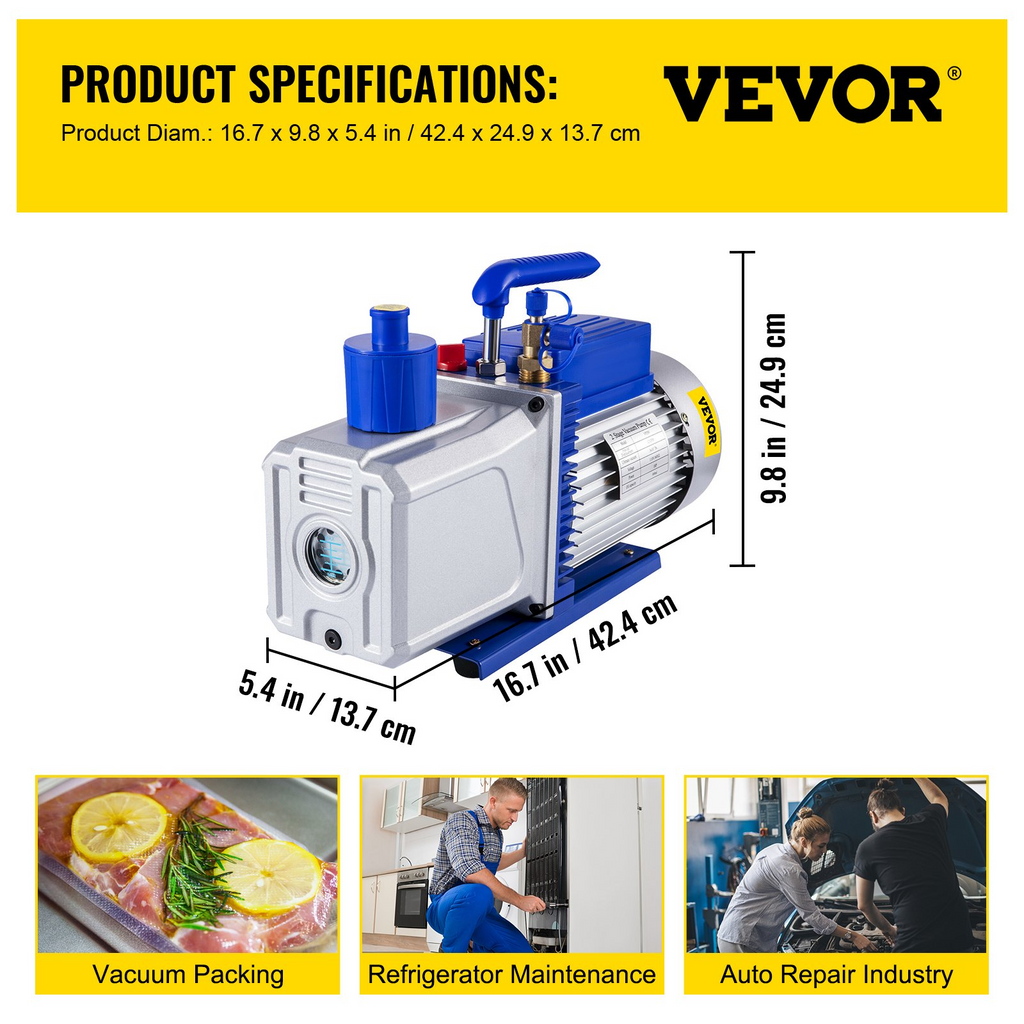 Bomba de vacío VEVOR 12 CFM 1HP de paletas 2 etapas 3 x 10-1 Pa  para refrigerante de aire acondicionado automático JH2